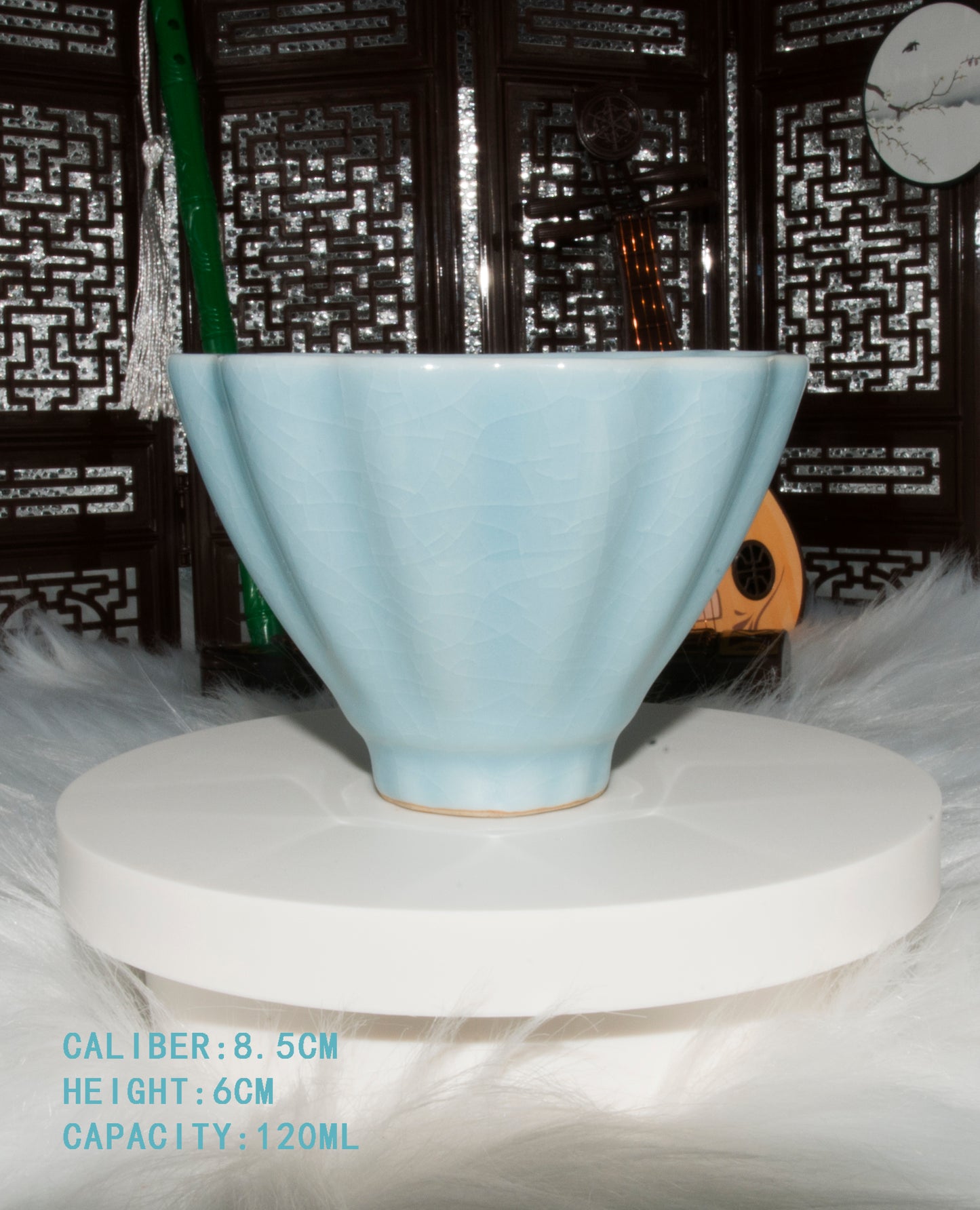 02007 Sky cyan glaze Bamboo Hat Flower Ribbed Cup