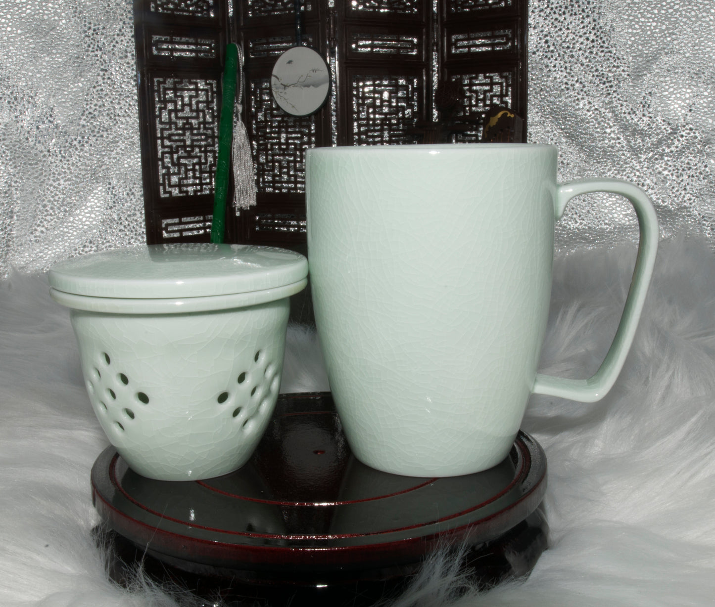 03008 Jade green glaze Flat cover San Cai Cup