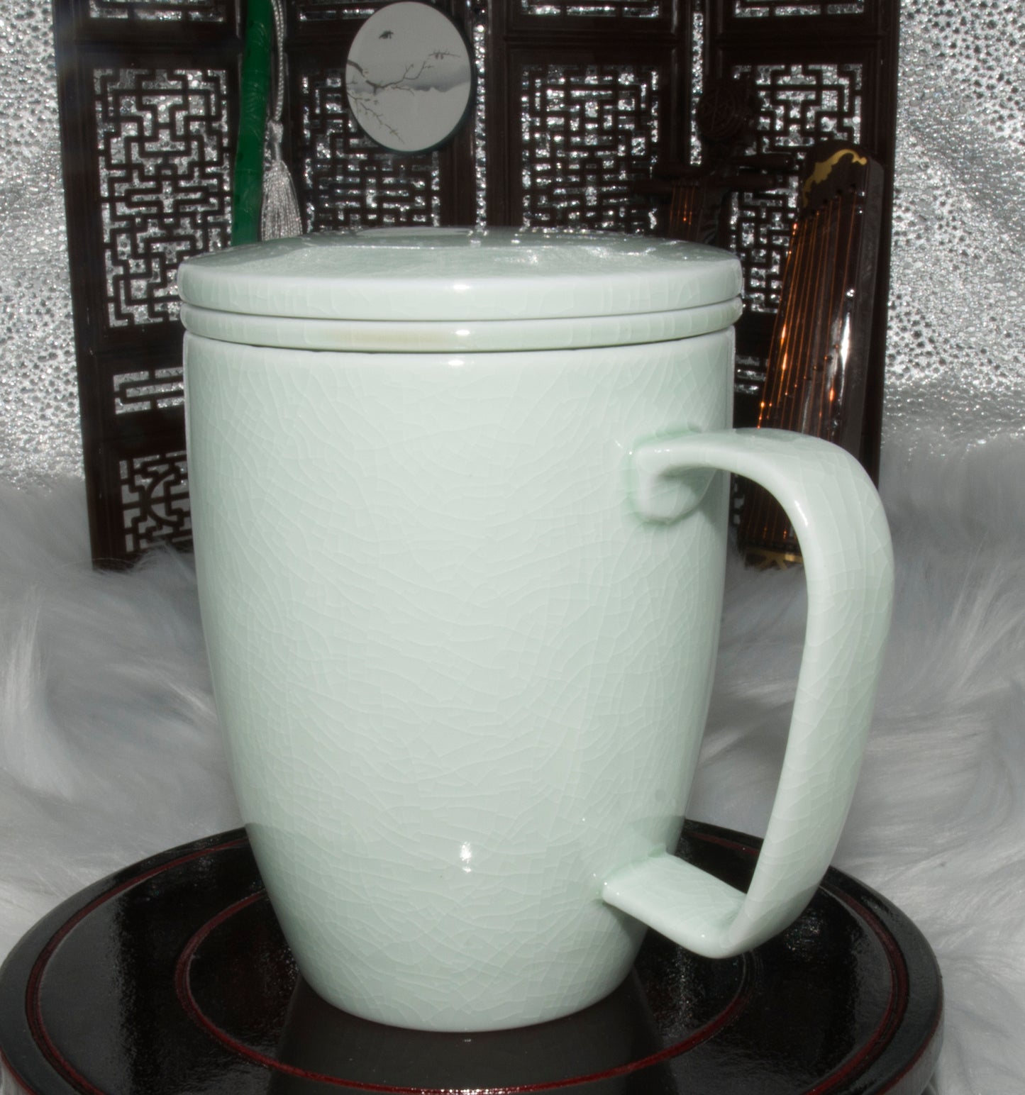 03008 Jade green glaze Flat cover San Cai Cup